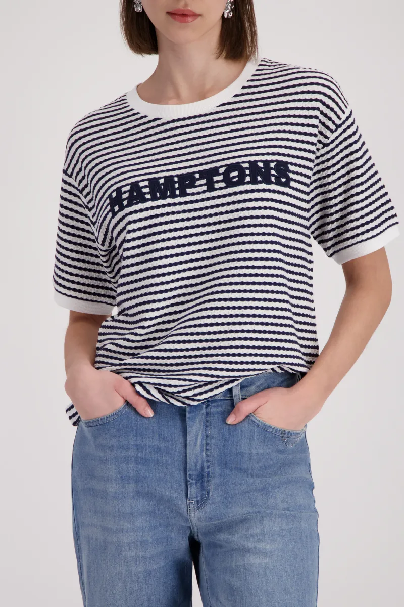 Monari-Textured t-shirt with lettering-410767-756 Marine striped-MARINE