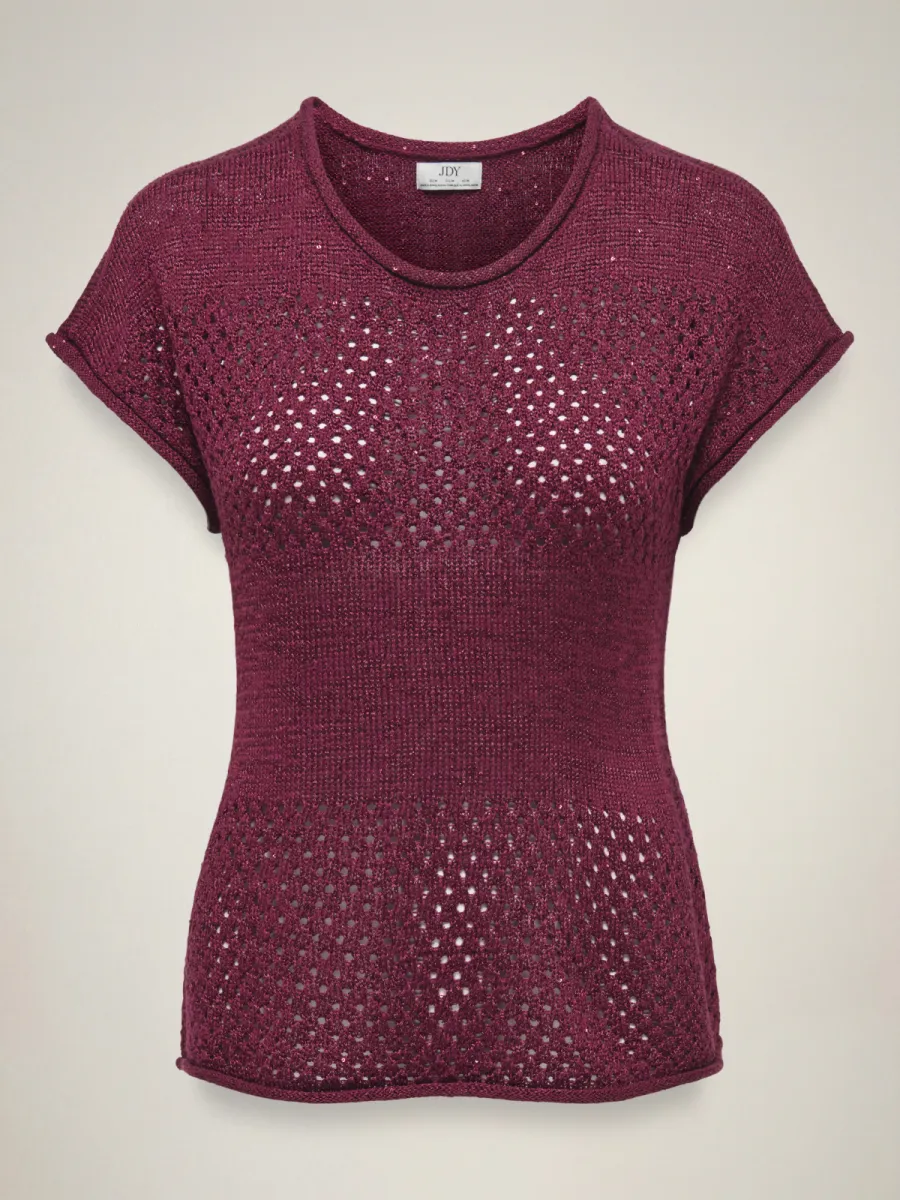 ONLY-JDYMIA S/S O-NECK SEQUIN PULLOVER K-15373835-Oxblood Red-DONKER ROOD
