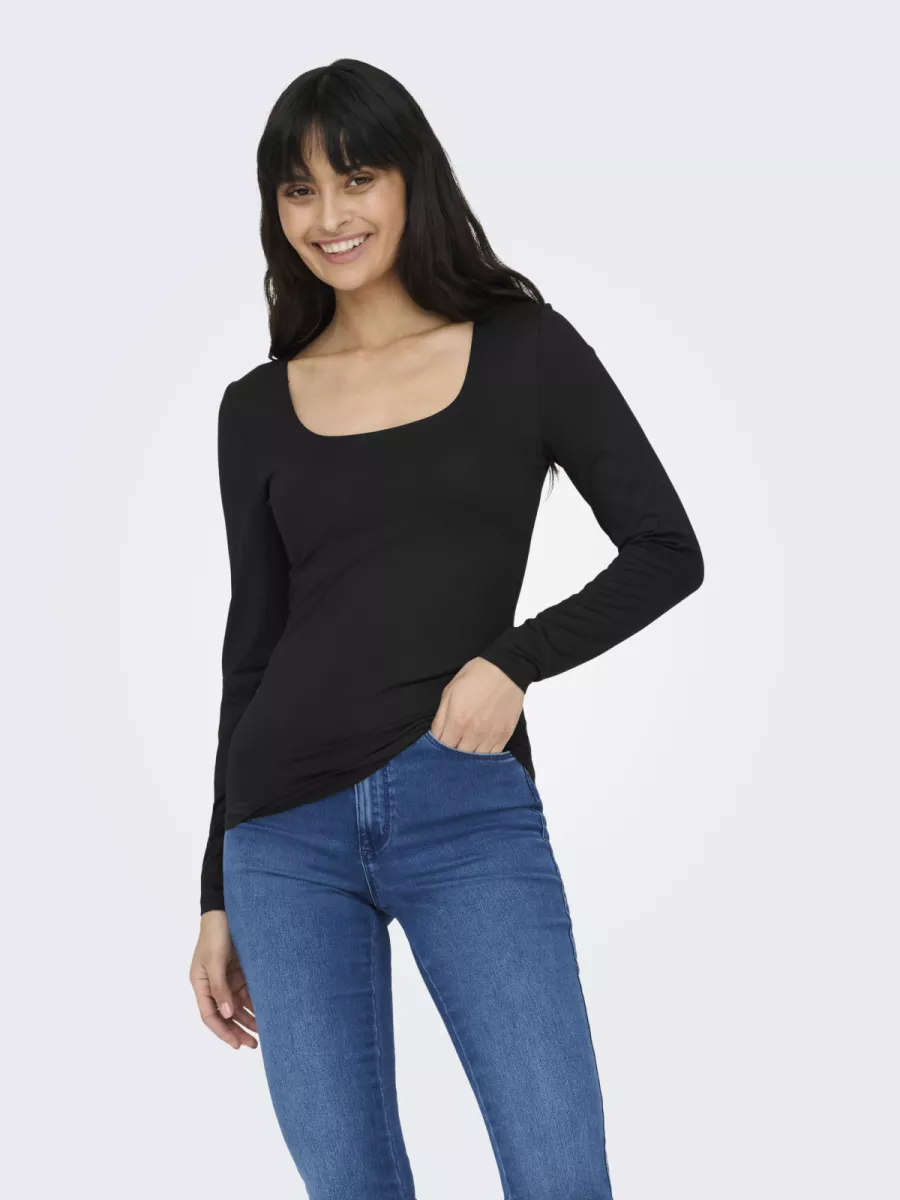ONLY-ONLEA L/S DEEP NECK TOP JRS NOOS-15302647-Black-BLACK