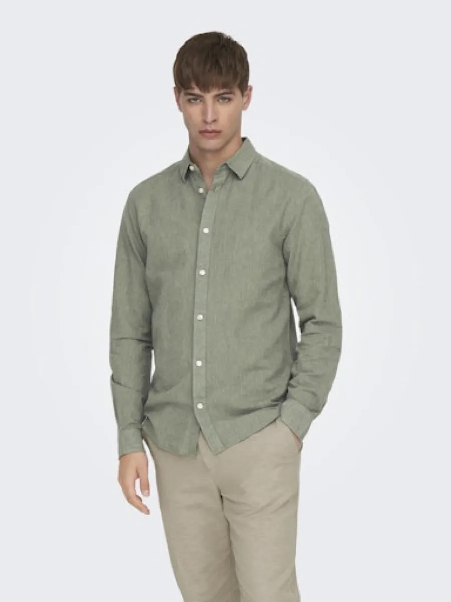 SONS-ONSCAIDEN LS SOLID LINEN SHIRT NOOS-22012321-Swamp-GROEN