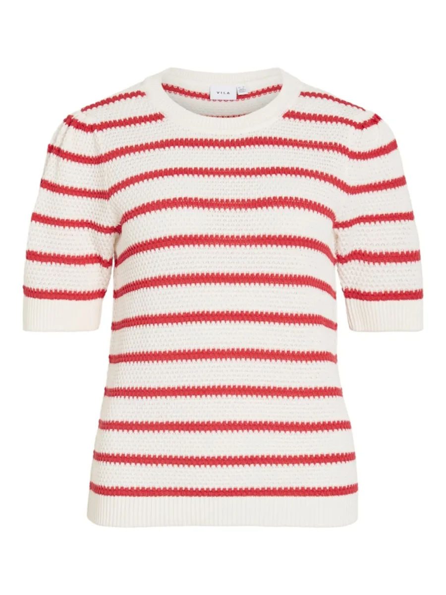 VILA-VIDALO O-NECK S/S STRIPE KNIT-NOOS-14106601-White Alyssum Hibiscus-ROOD COMBINATIES