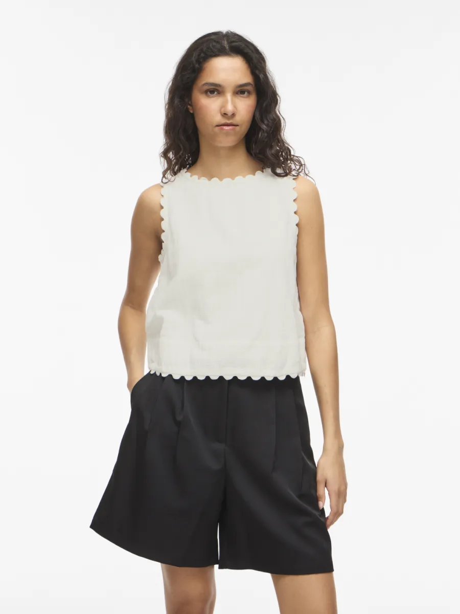VILA-VIMINDY O-NECK S/L SCALLOP TOP-14115187-Snow White-WOL WIT