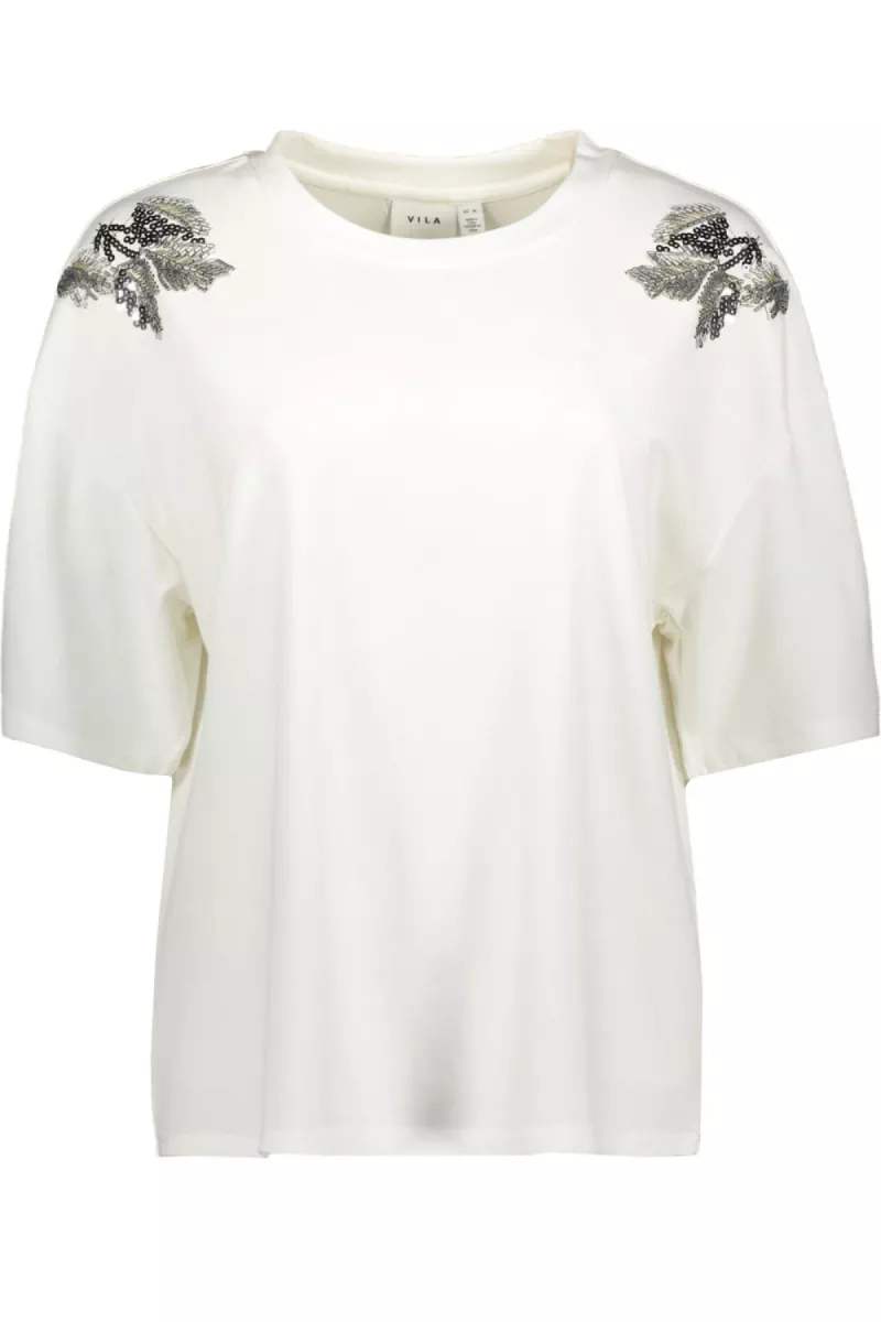 VILA-VISELSA O-NECK S/S PEARL T-SHIRT-14113127-Snow White-WOL WIT
