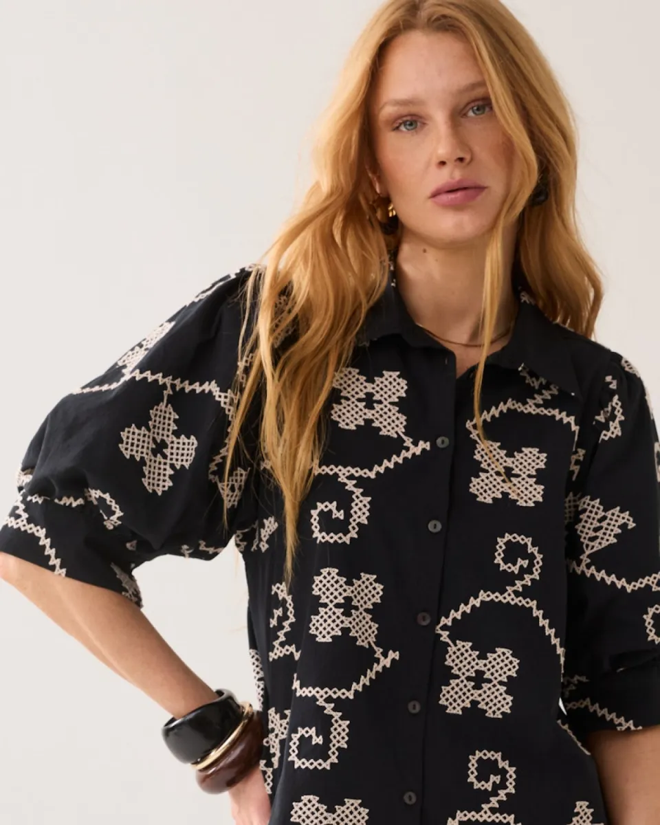 Summum-Blouse cotton embroidered-2s3500-12446-990 Black-ZWART