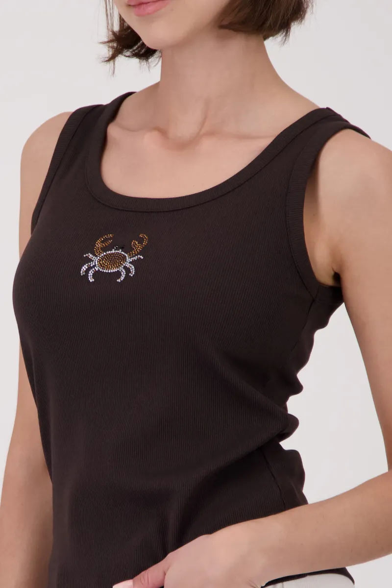 Monari-Top with rhinestone crab-410820-549 Coffee-CAFE
