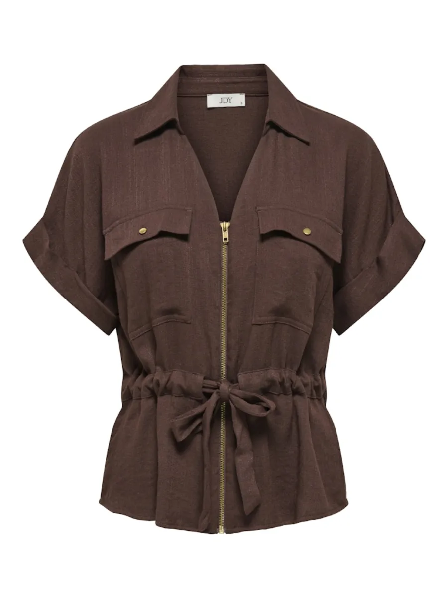 ONLY-JDYMILLE S/S ZIP SHIRT WVN NOOS-15373098-Chicory Coffee-CAFE