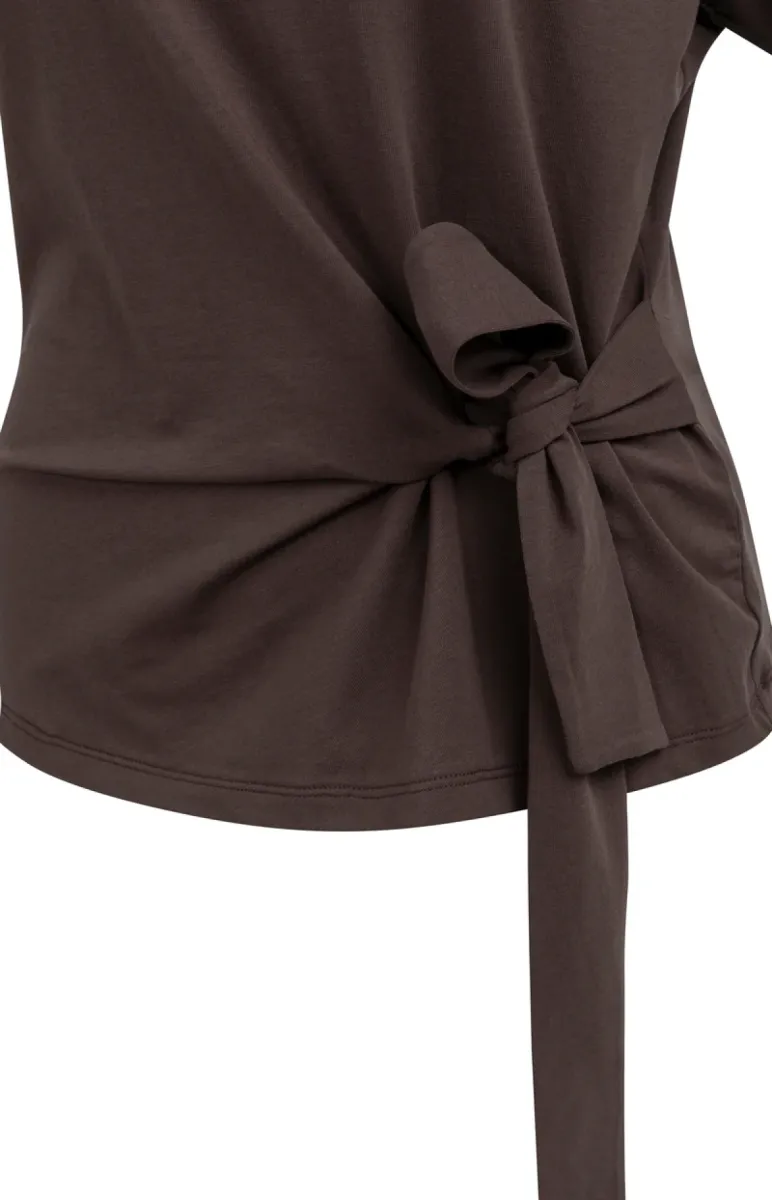 YAYA-Top met ronde hals en knoopdet; Cotton/Elastane; 99074-01-709093-606-99074-BRUIN