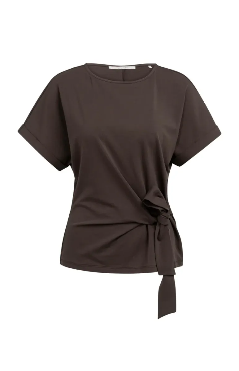 YAYA-Top met ronde hals en knoopdet; Cotton/Elastane; 99074-01-709093-606-99074-BRUIN