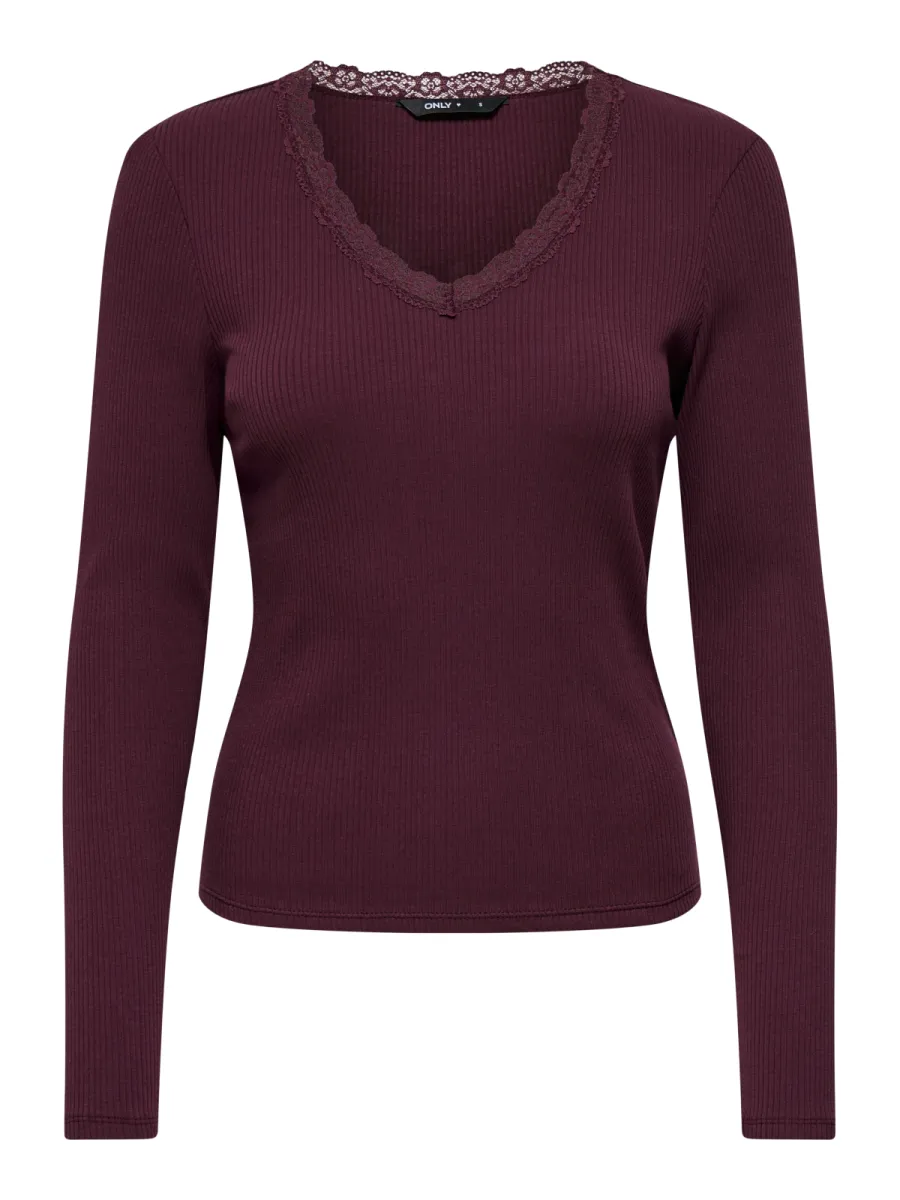 ONLY-ONLSARA SHARAI L/S V-NECK TOP JRS-15380864-Burgundy-BORDEAUX