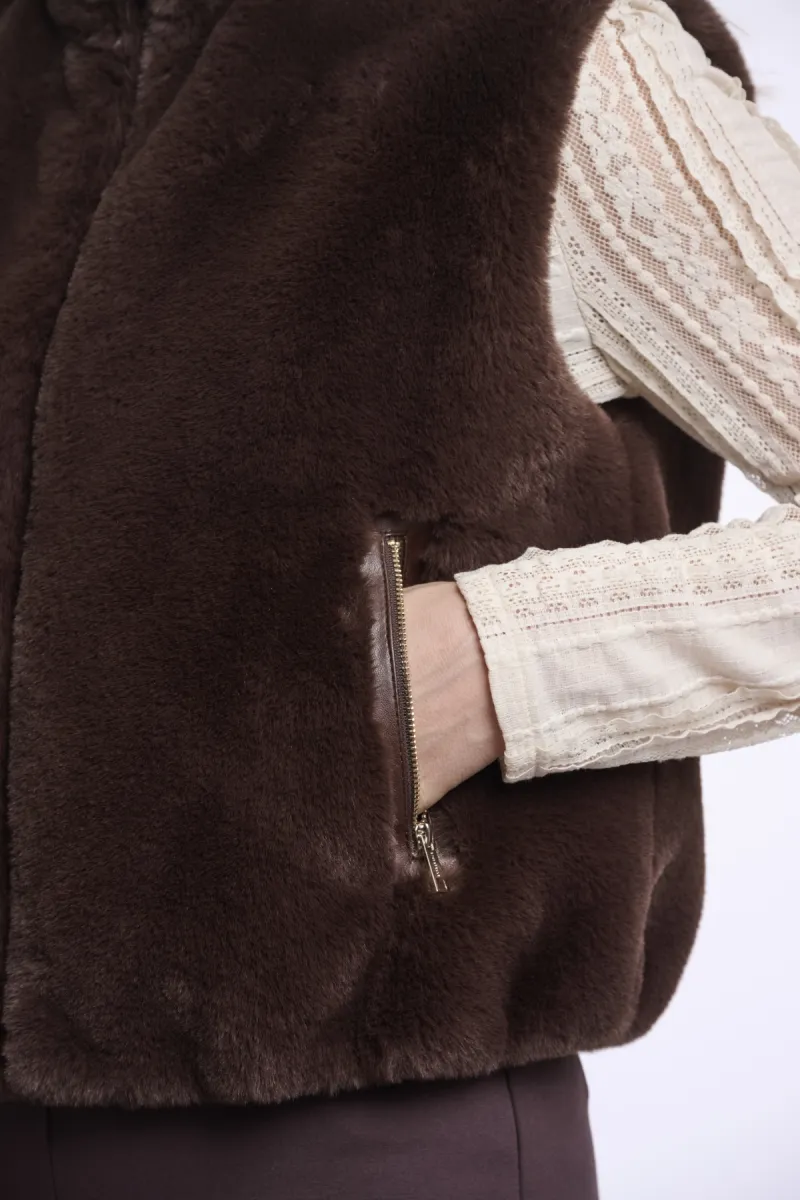 RINO & PELLE-Short Faux Fur Waistcoat-Nikki.7002611-11099 Coffee Roast-CAFE