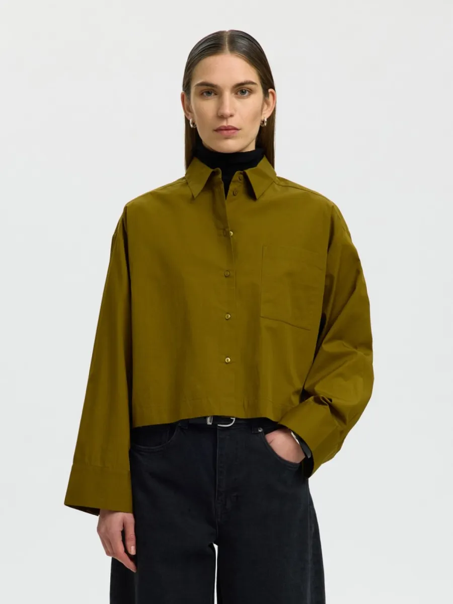 Selected Femme-SLWASTHA LS CROPPED BOXY SHIRT NOOS-16097269-Fir Green-GROEN
