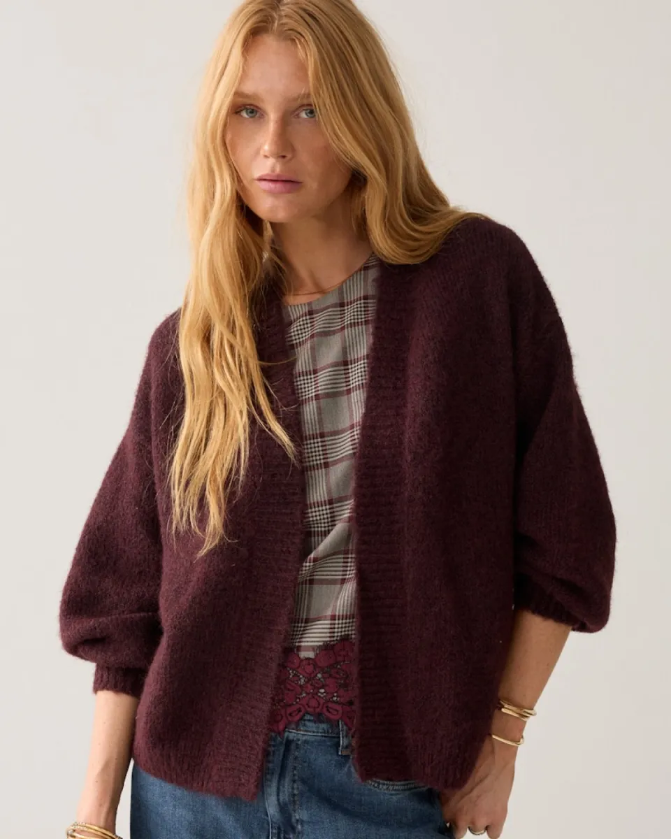 Summum-Puff sleeve cardigan cozy melange knit-7s5844-7997-335 Dark burgundy-BORDEAUX