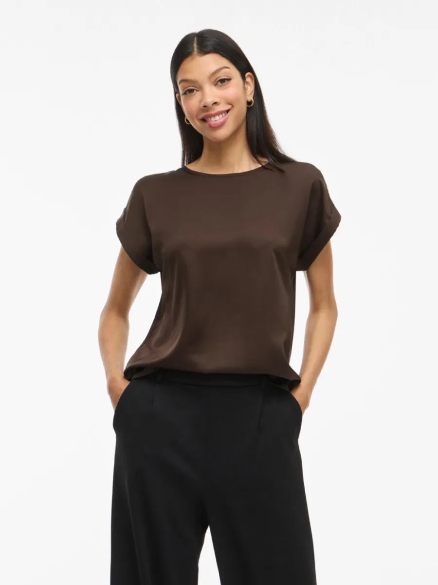 VILA-VIELLETTE S/S SATIN TOP - NOOS-14059563-Coffee Bean-CAFE
