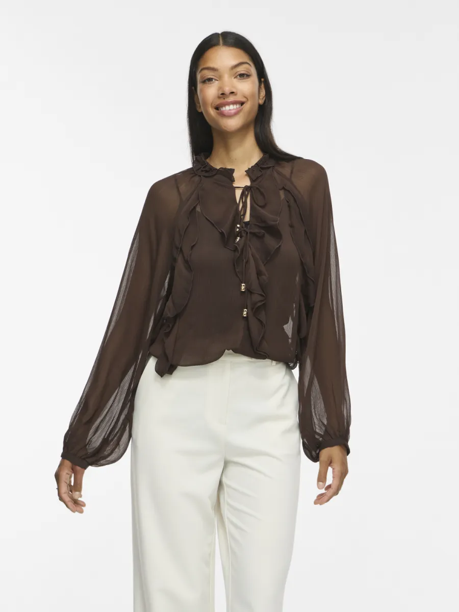 VILA-VITIRO V-NECK L/S FLOUNCE TOP/BFS-14116881-Coffee Bean-CAFE
