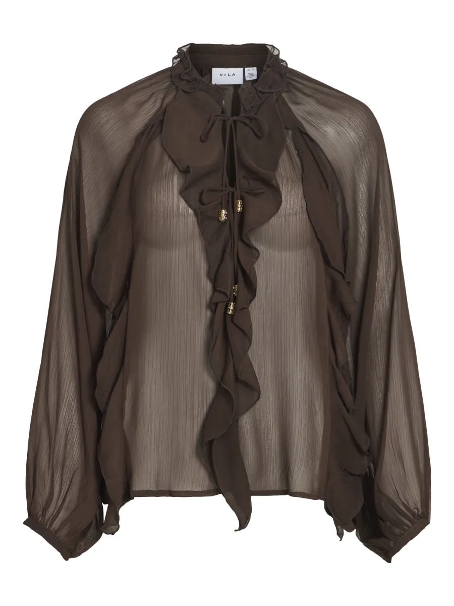 VILA-VITIRO V-NECK L/S FLOUNCE TOP/BFS-14116881-Coffee Bean-CAFE