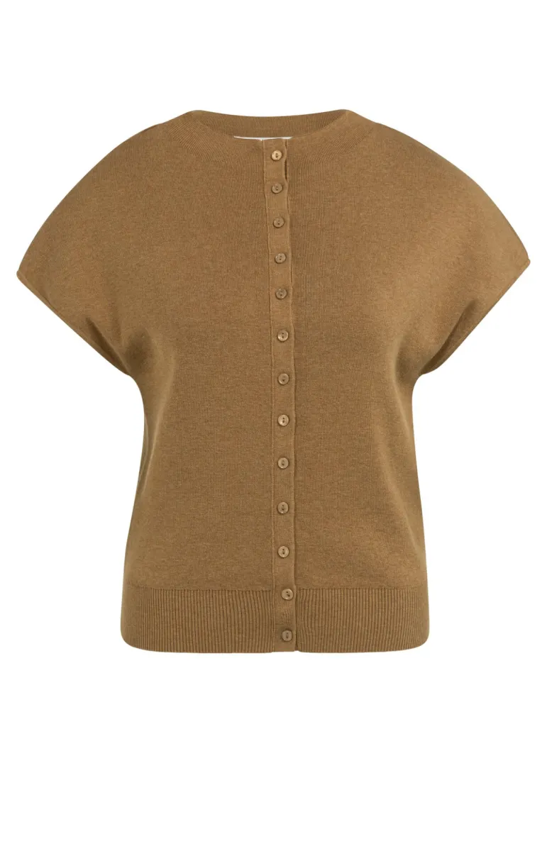YAYA-Mouwloos gebreid vest met knop; Cotton/Polyester/Polyamide; 810252-01-010163-607-810252-BRUIN