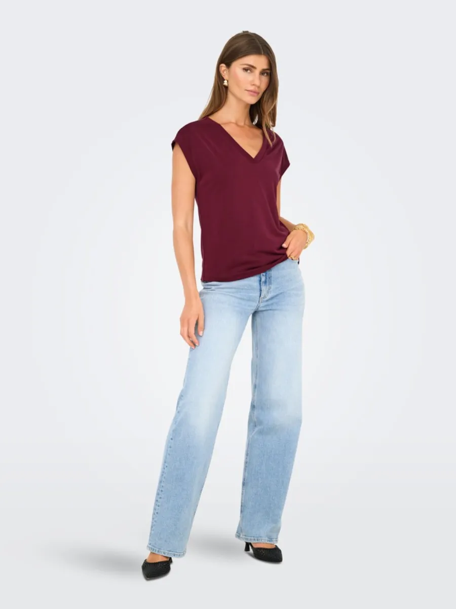ONLY-ONLFREE S/S MOD.V-NECK TOP JRS NOOS-15287041-Tawny Port-BORDEAUX
