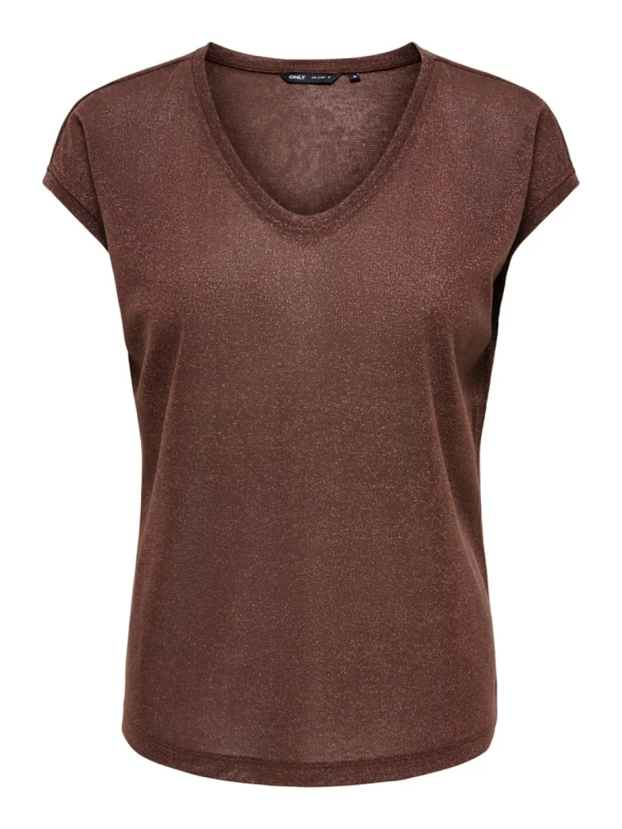 ONLY-ONLSILVERY S/S V NECK LUREX TOP JRS-15136069-Deep Mahogany-AUBERGINE