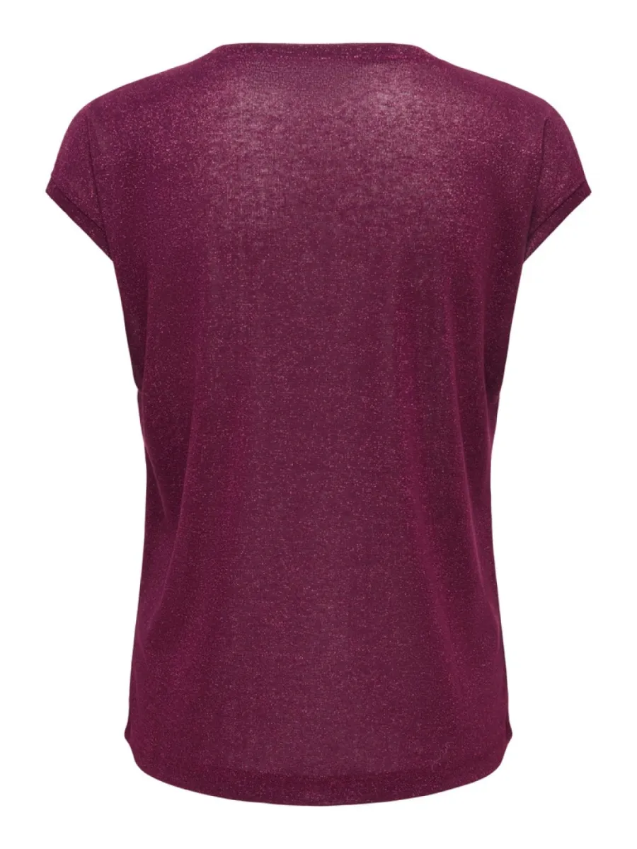 ONLY-ONLSILVERY S/S V NECK LUREX TOP JRS-15136069-Fig-BORDEAUX