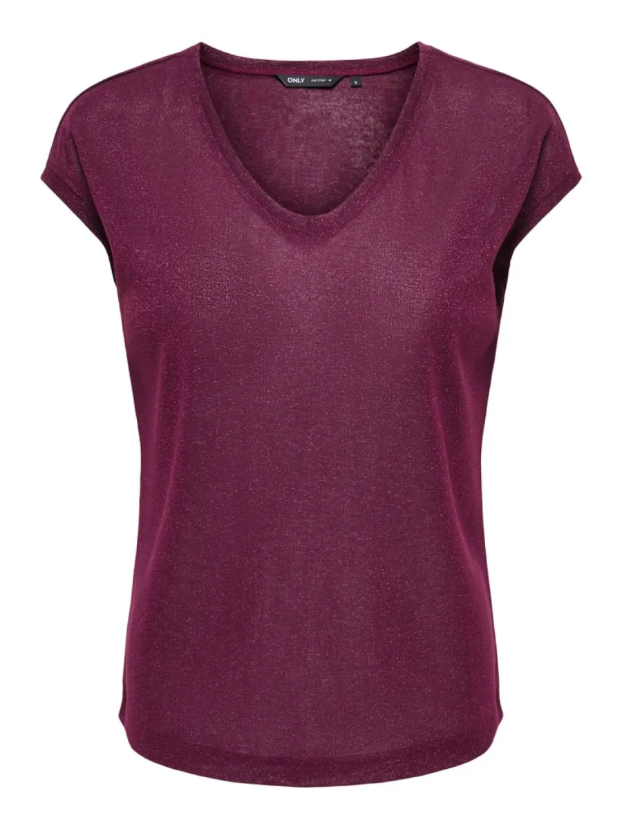 ONLY-ONLSILVERY S/S V NECK LUREX TOP JRS-15136069-Fig-BORDEAUX