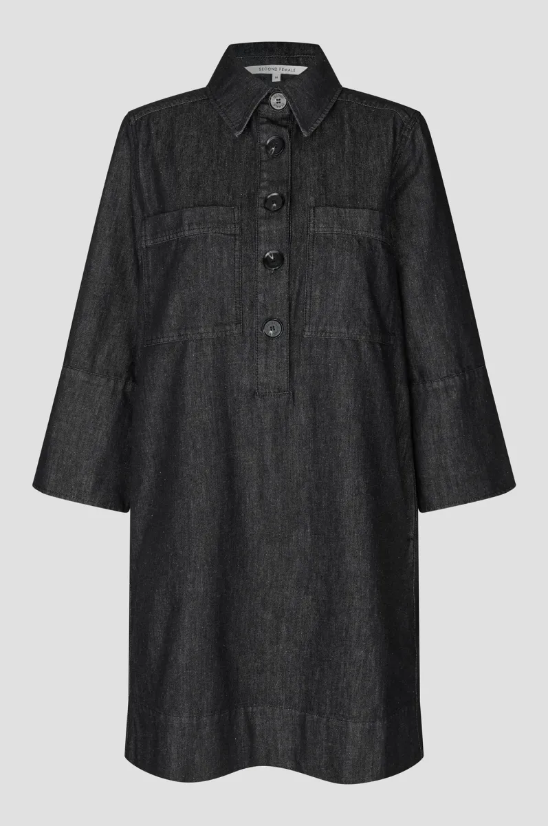 Second Female-61012-Dera Denim New Tunic Dress-8001 Black-ZWART