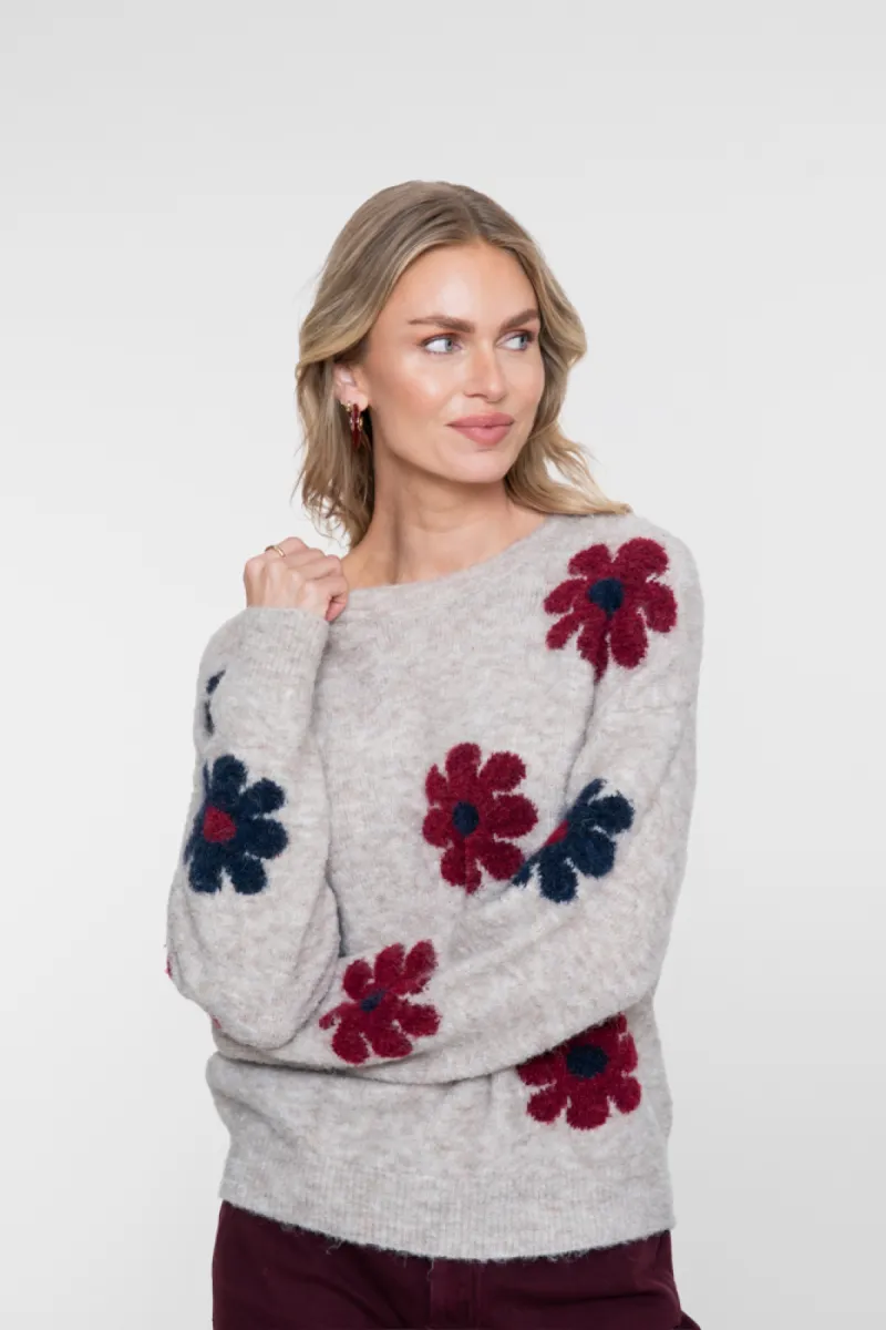 GEISHA-Pullover flowers-64506-10-720 Sand/burgund-BEIGE