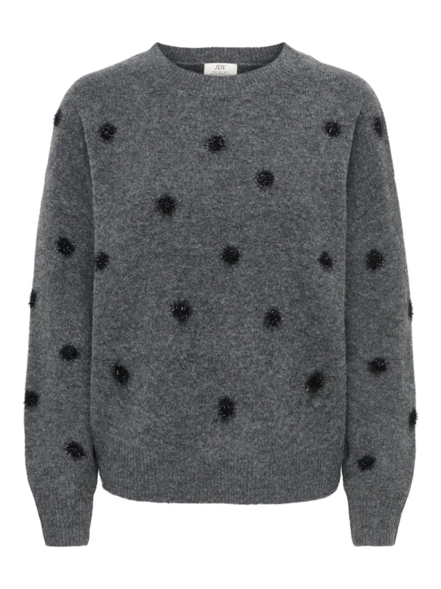 JDY-JDYMELEA L/S O-NECK POMPOM PULLOVER-15382894-Dark Grey Melange-ANTRACIET