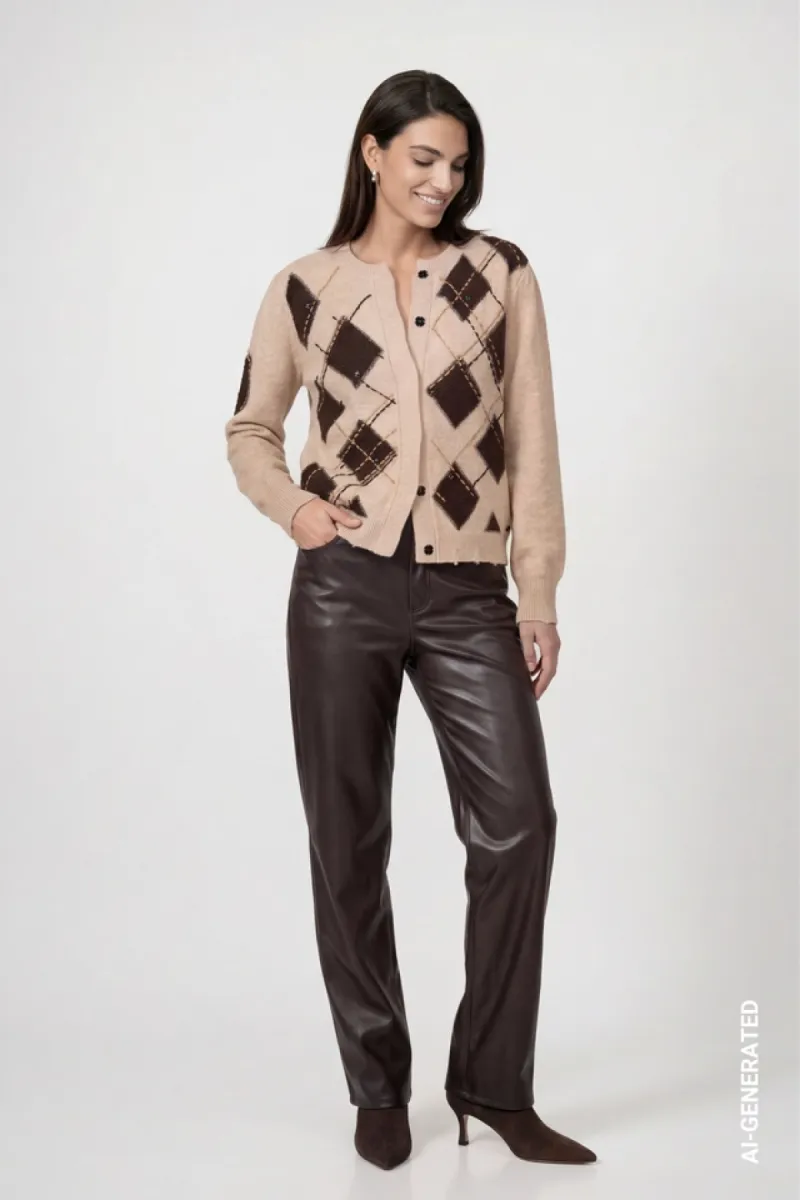 Monari-Cardigan with diamond pattern-809895-595 Cappuccino melange pattern-CAFE