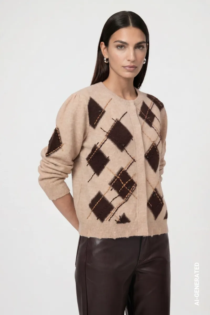 Monari-Cardigan with diamond pattern-809895-595 Cappuccino melange pattern-CAFE