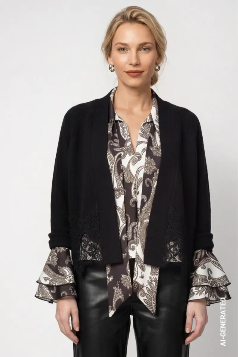 Monari-Cardigan with lace trim-809928-999 Black-ZWART