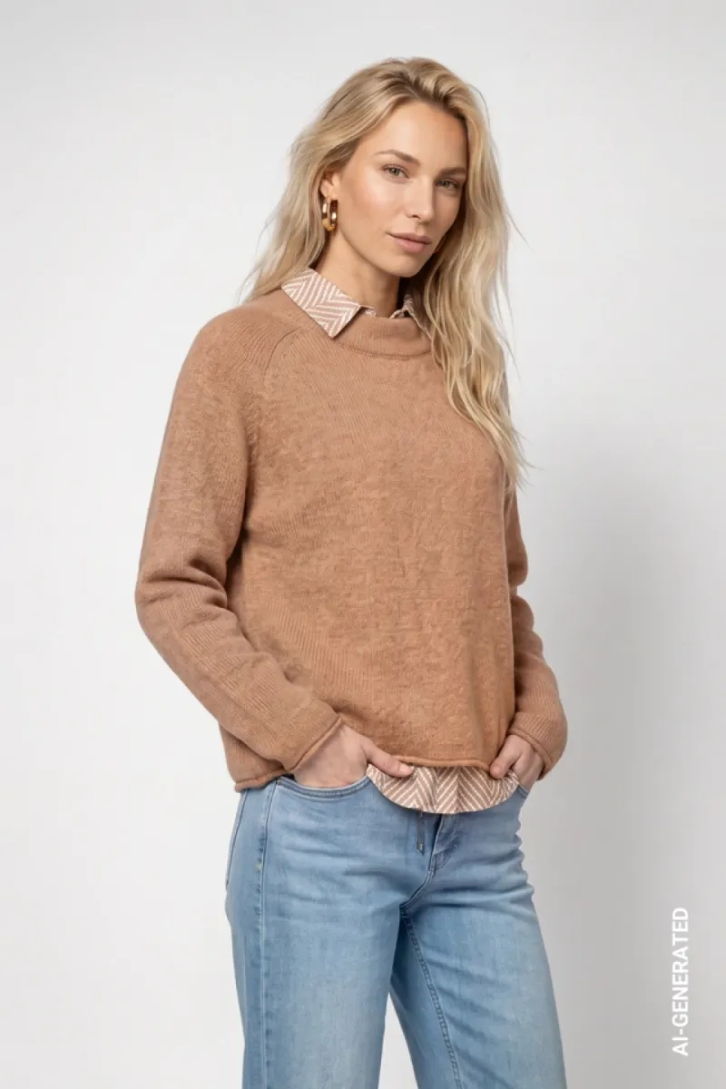 Monari-Fluffy knitted jumper with rolled hem-809958-526 Brown sugar-BRUIN
