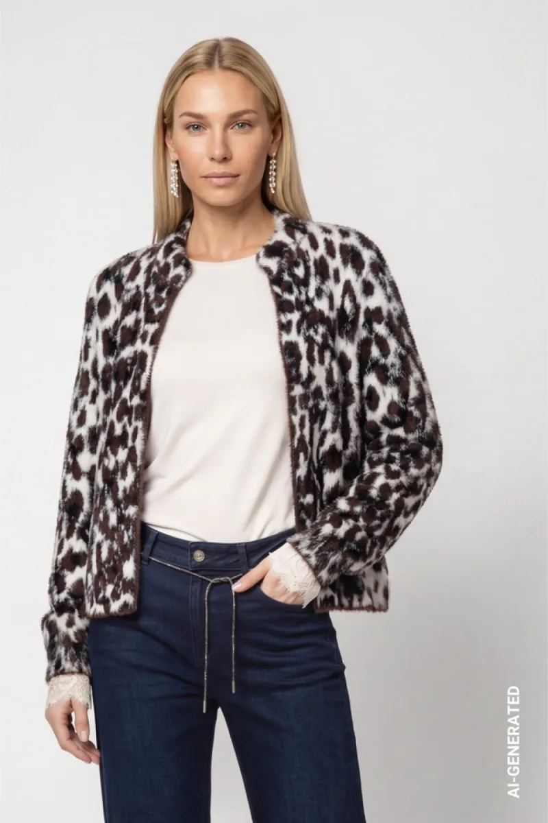 Monari-Fluffy leopard-print cardigan-810567-569 Black coffee pattern-CAFE