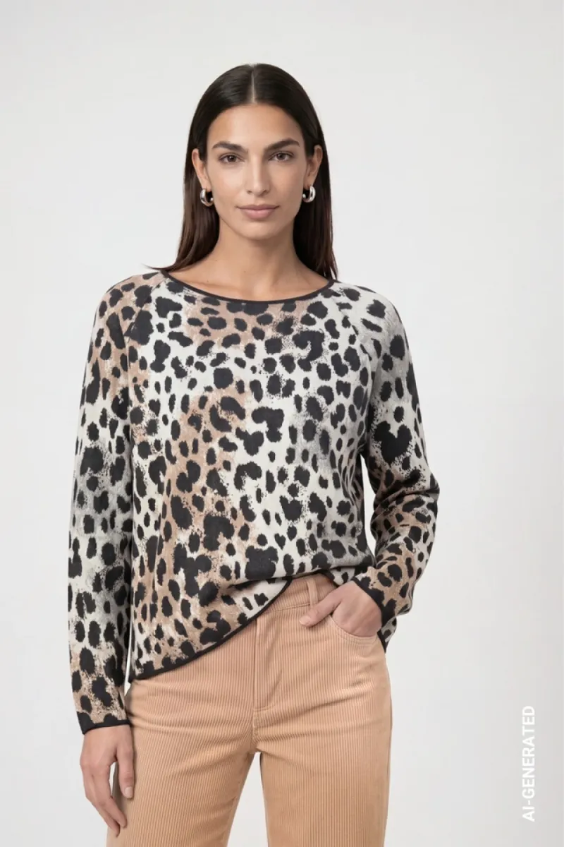 Monari-Knit jumper with leopard jacquard pattern-809960-834 Dark grey melange pattern-DONKER GRIJS/GRAFIET