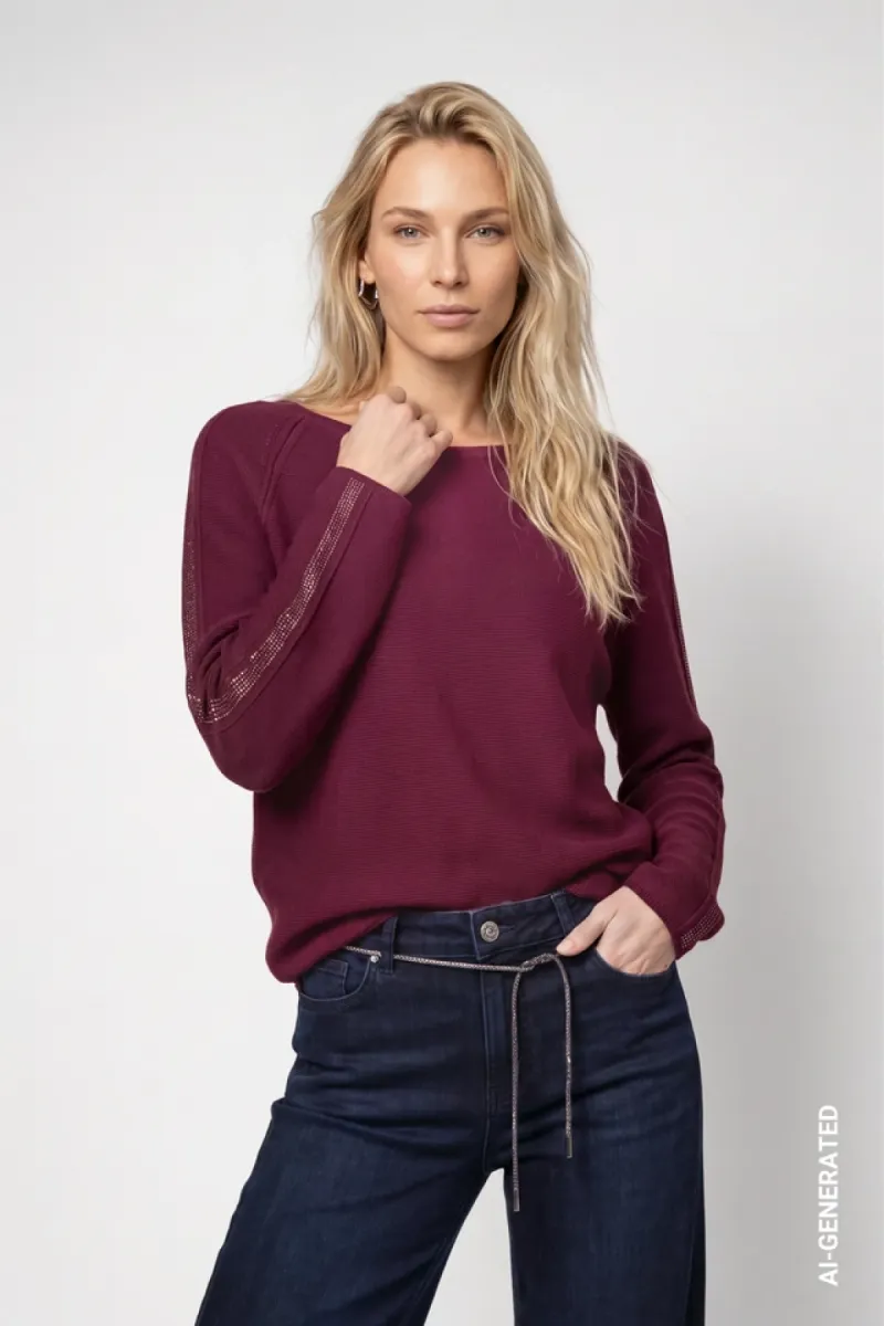 Monari-Knitted jumper with decorative accents-809983-316 Dark bordeaux-BORDEAUX
