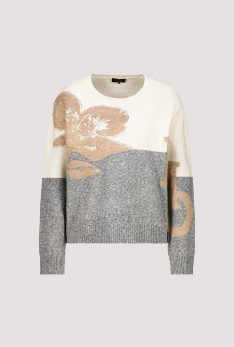 Monari-Knitted jumper with intarsia pattern-809965-849 Light grey melange-LICHT-/PAREL GRIJS
