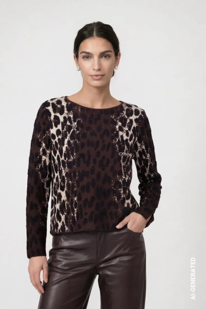 Monari-Knitted jumper with leopard jacquard pattern-809889-569 Black coffee pattern-CAFE