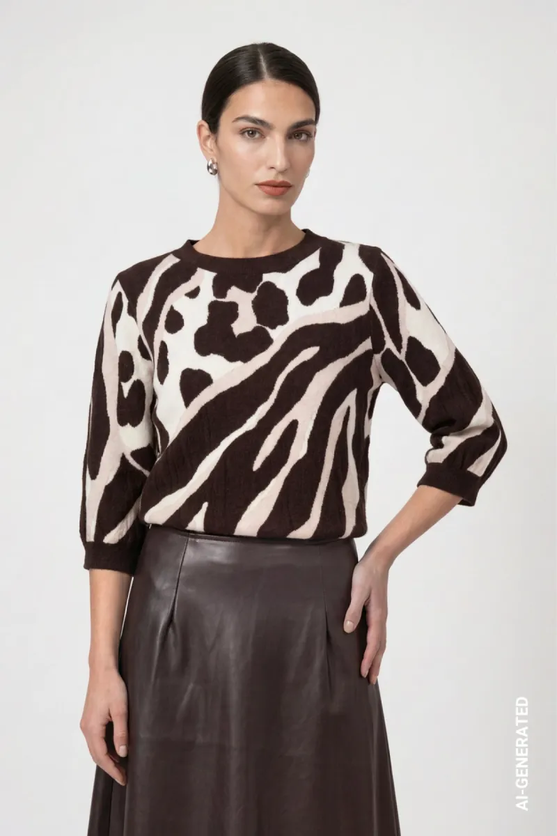 Monari-Knitted jumper with leopard-tiger pattern mix-810069-569 Black coffee pattern-CAFE