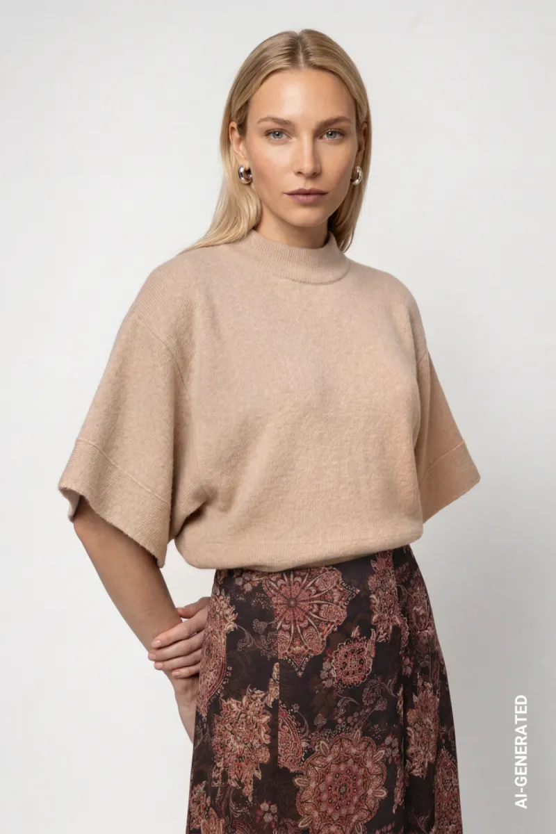 Monari-Knitted jumper with short batwing sleeve-809923-593 Cappuccino melange-CAFE