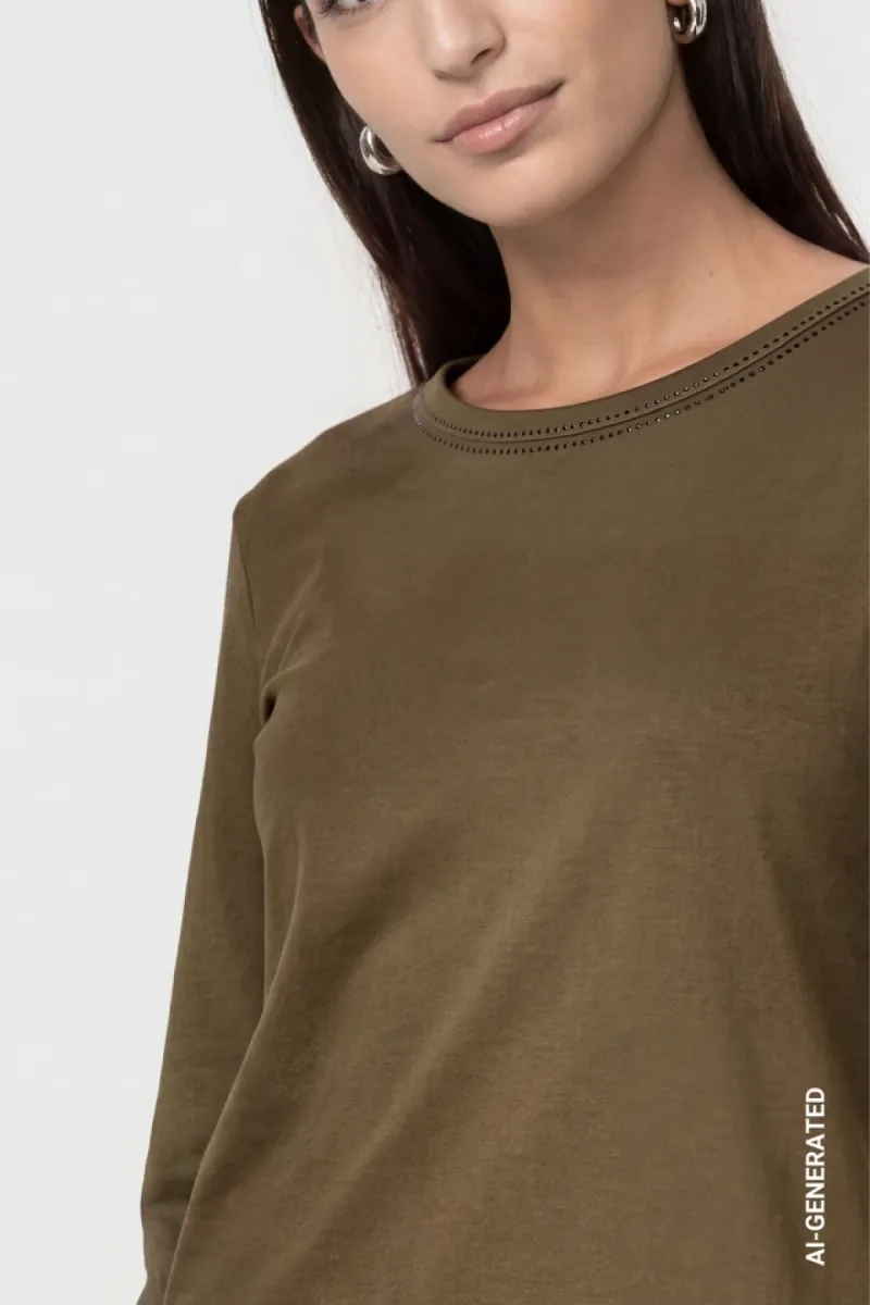 Monari-Long sleeve shirt with rhinestone details-810053-618 Olive-OLIJF