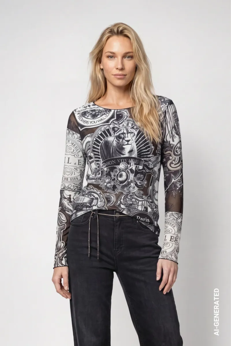 Monari-Shirt met lange mouwen en embleempatroon-809852-998 Black pattern-ZWART