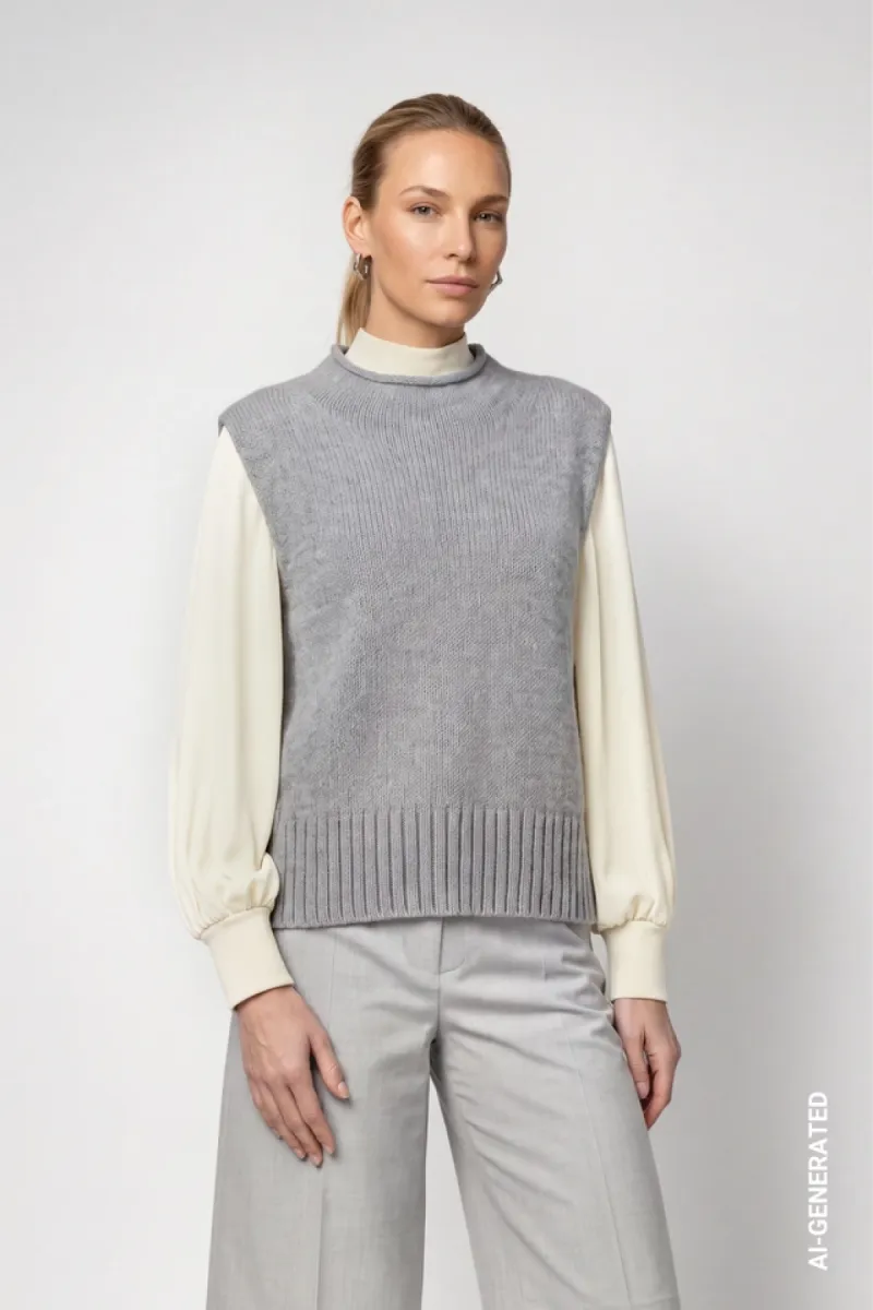 Monari-Sleeveless jumper with stand-up collar-809977-849 Light grey melange-LICHT-/PAREL GRIJS