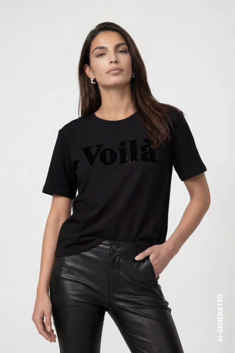 Monari-T-shirt with lettering-809746-999 Black-ZWART