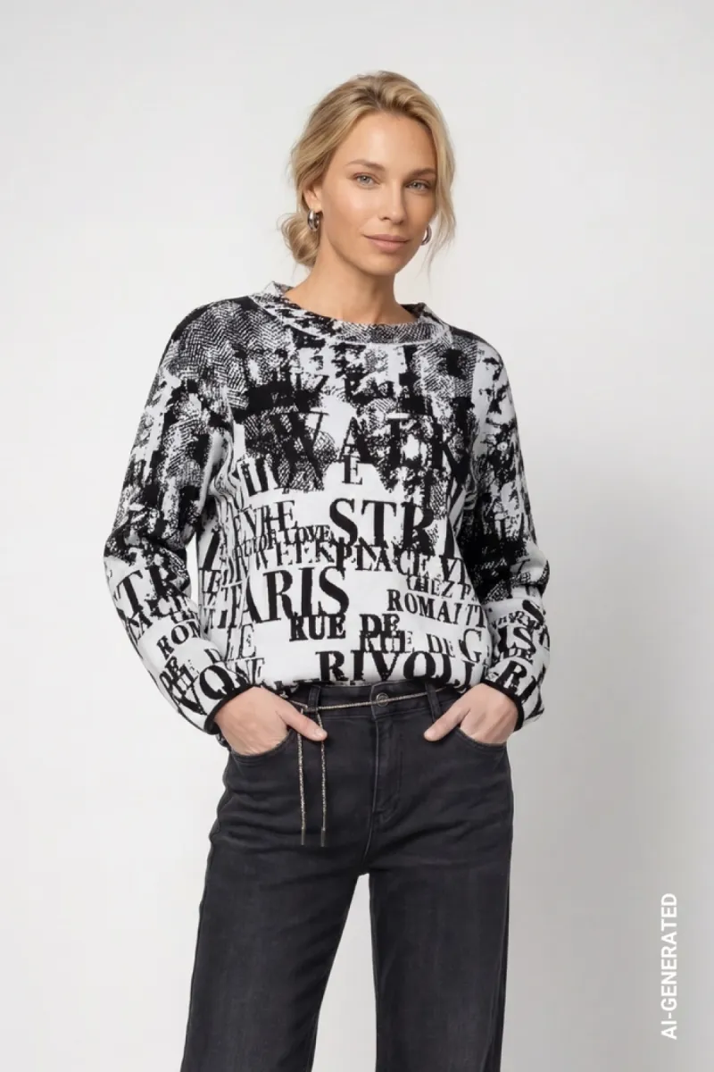 Monari-Trui met letter-jacquardpatroon-809945-998 Black pattern-ZWART