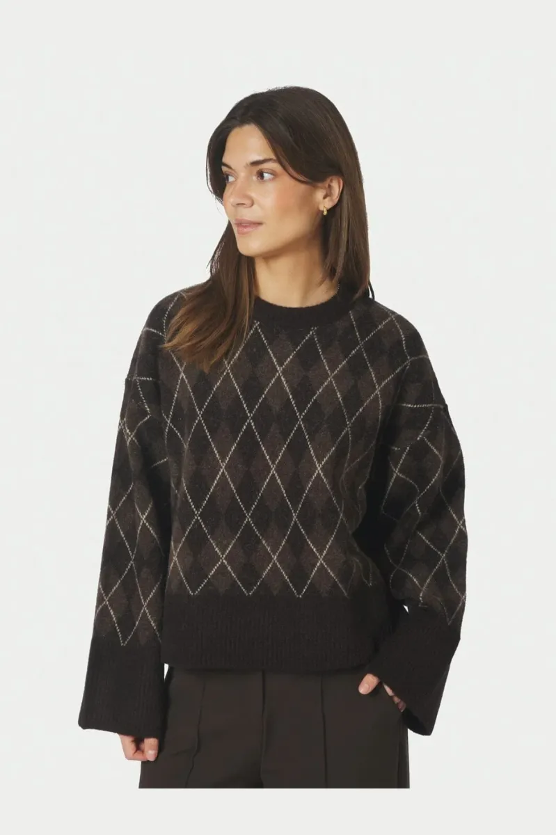 Neo Noir-Kick Check Knit Blouse-165204-676 Dark Brown-DONKER BRUIN