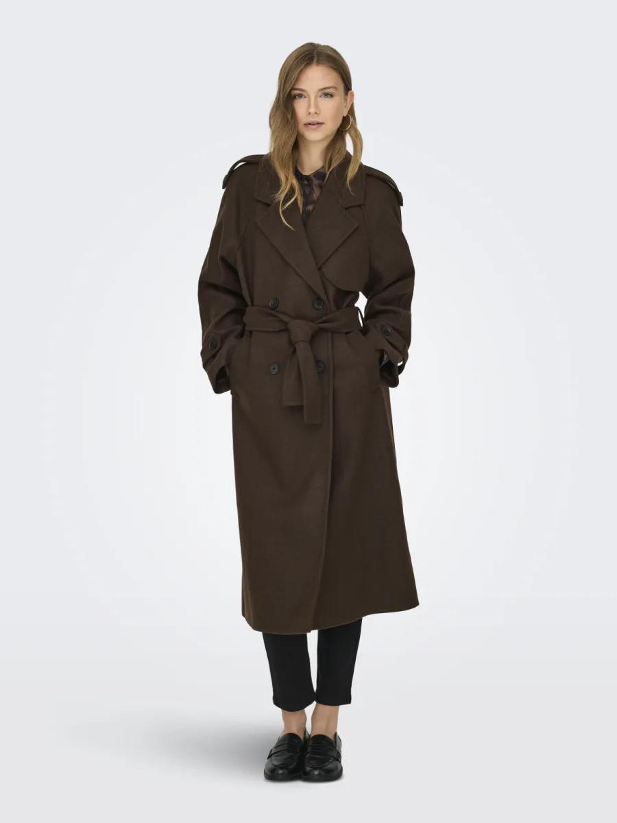 ONLY-ONLDEAR-TRILLION LONG BELT COAT PNT-15344734-Chocolate Brown-CHOCOLADE