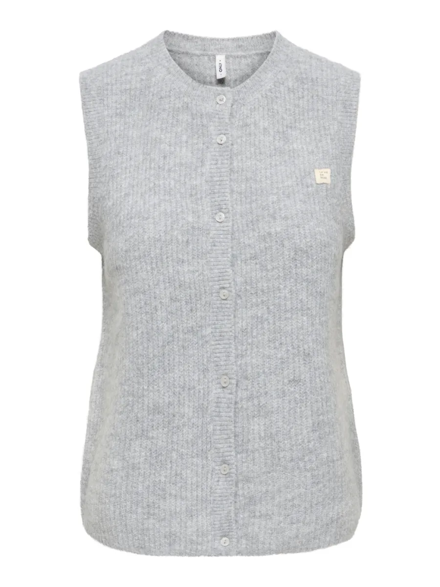 ONLY-ONLVIGGA SL O-NECK BADGE BUTTON VES-15378145-Light Grey-LICHT-/PAREL GRIJS