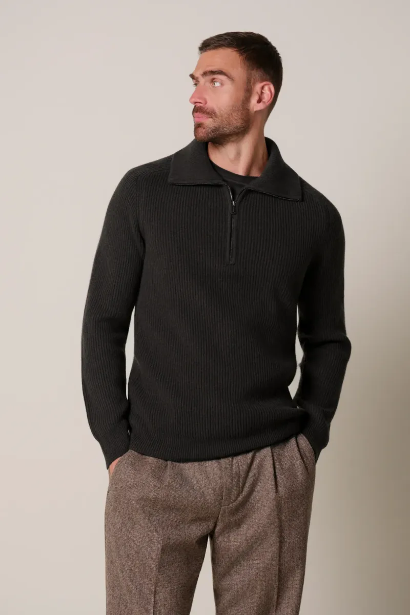 Profuomo-Heavy wollen half zip-PPXJ30058F-H2 Dark brown-BRUIN