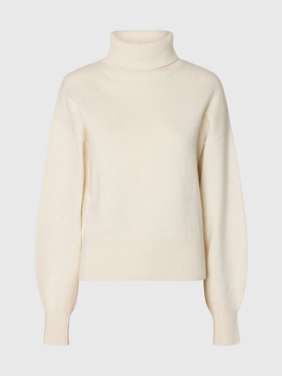 Selected Femme-SLWELLIE LS KNIT ROLL NECK-16101825-Egret-CREME