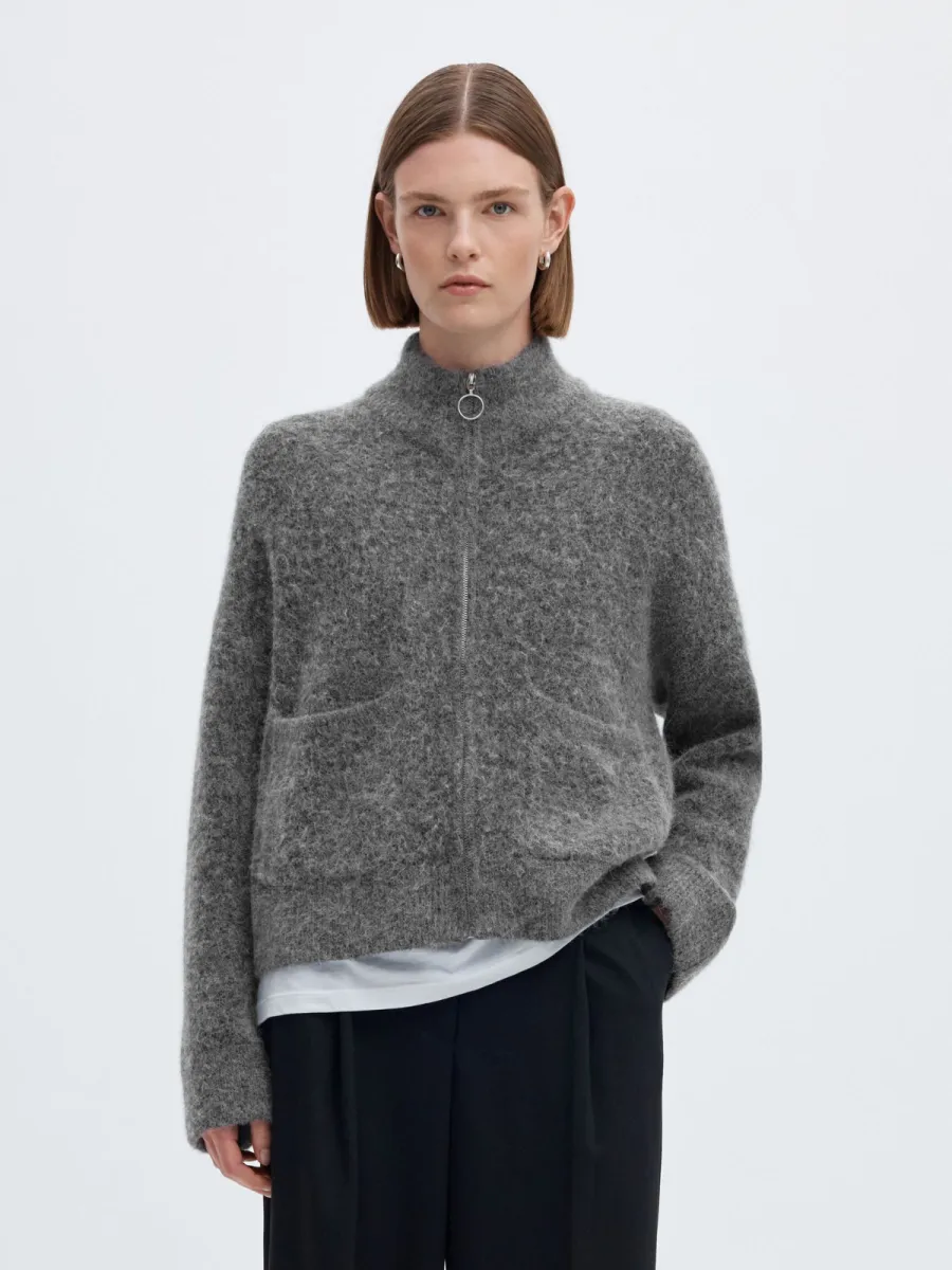 Selected Femme-SLWSIA RAS LS KNIT ZIPPER CARDIGAN-16091220-Medium Grey Melange-GRIJS MELEE