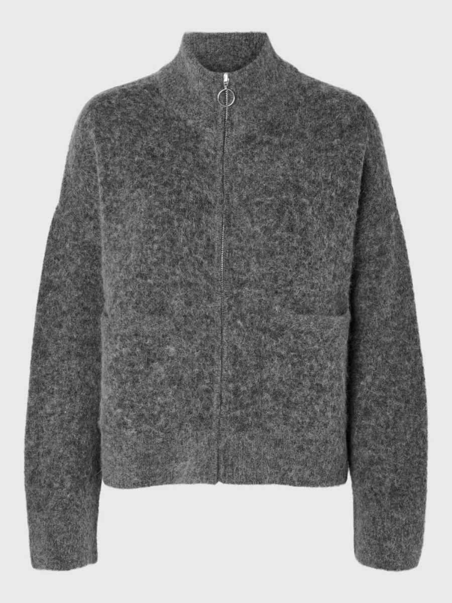 Selected Femme-SLWSIA RAS LS KNIT ZIPPER CARDIGAN-16091220-Medium Grey Melange-GRIJS MELEE